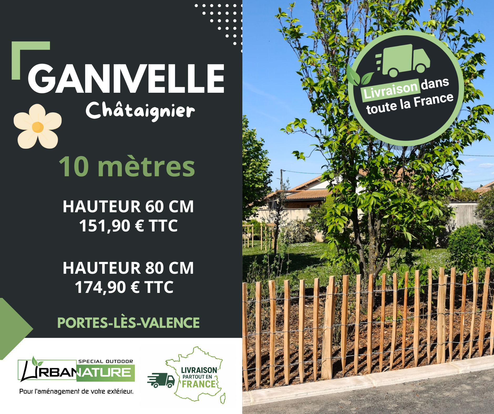 Clôture en ganivelle. Acheter une clôture en ganivelle dans la Drôme. Livraison de clôture en ganivelle en châtaignier.